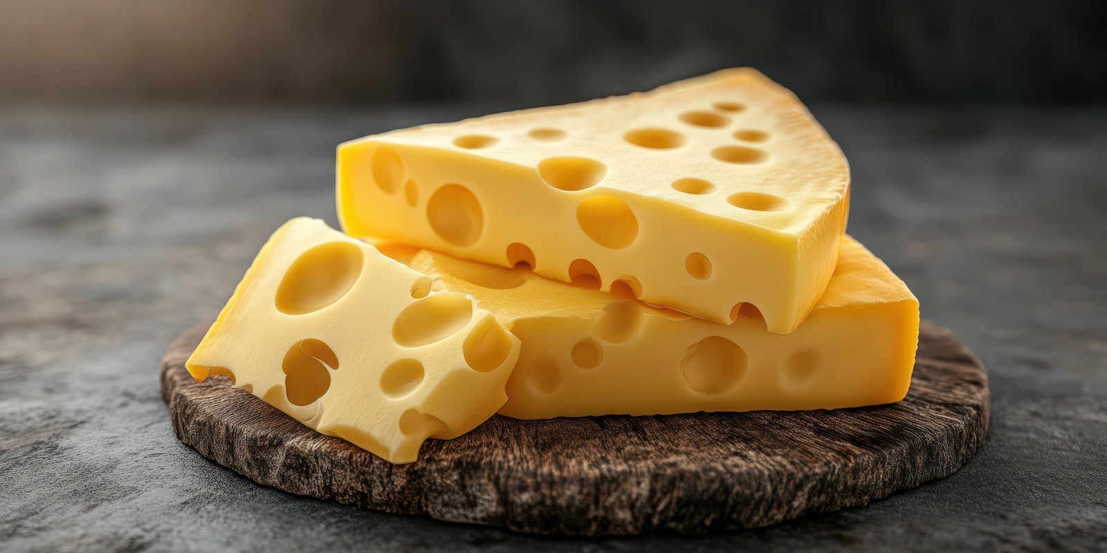 Various pieces of cheese arranged on a wooden platter with a rustic background